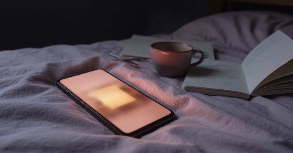 Uno smartphone acceso su un letto disfatto, di notte, con la luce dello schermo che illumina debolmente la stanza.