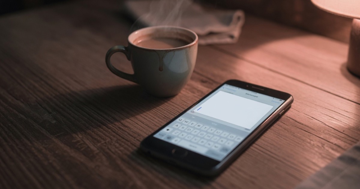 Uno smartphone su un tavolo di legno scuro con la schermata di una chat vuota e il cursore lampeggiante, luce calda di lampada, una tazza di caffè accanto, stanza in penombra alla sera.