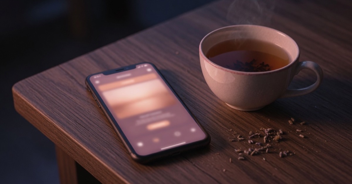 Un téléphone allumé posé sur une table en bois le soir, écran qui éclaire une tasse encore pleine dans une pièce plongée dans la pénombre.