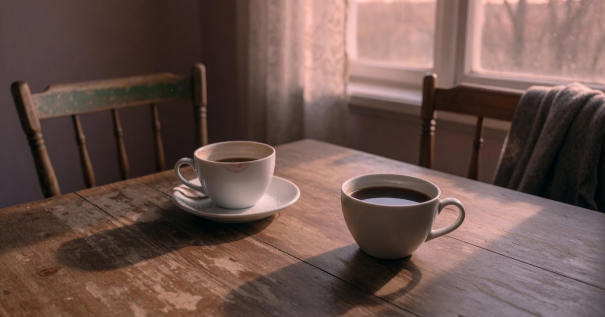 Two coffee cups on a worn wooden table beside a window in late afternoon light.