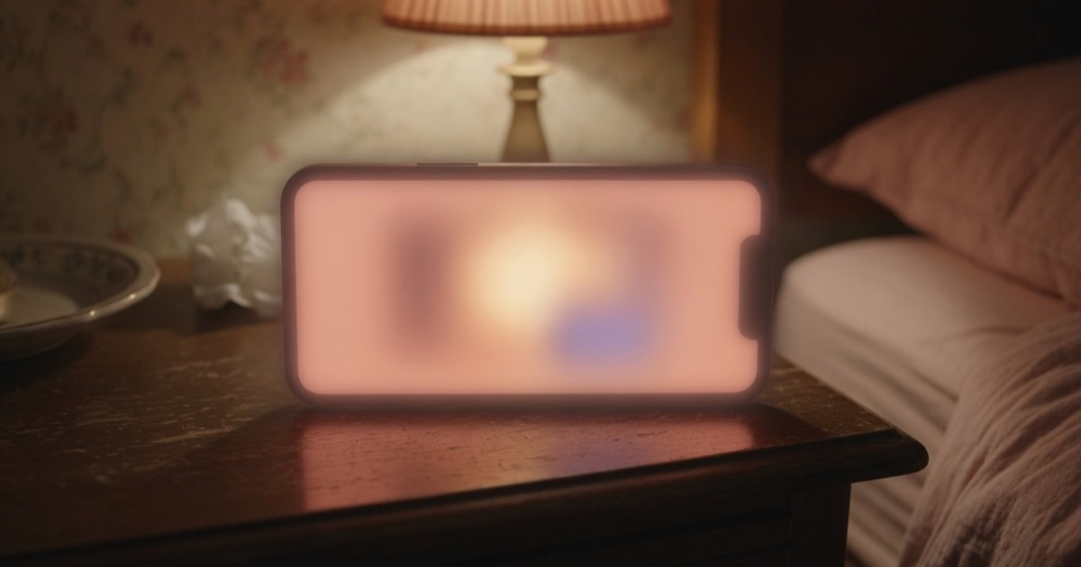Un teléfono con la pantalla iluminada sobre una mesa de noche de madera, en un cuarto en penumbra con luz cálida de lámpara al fondo.
