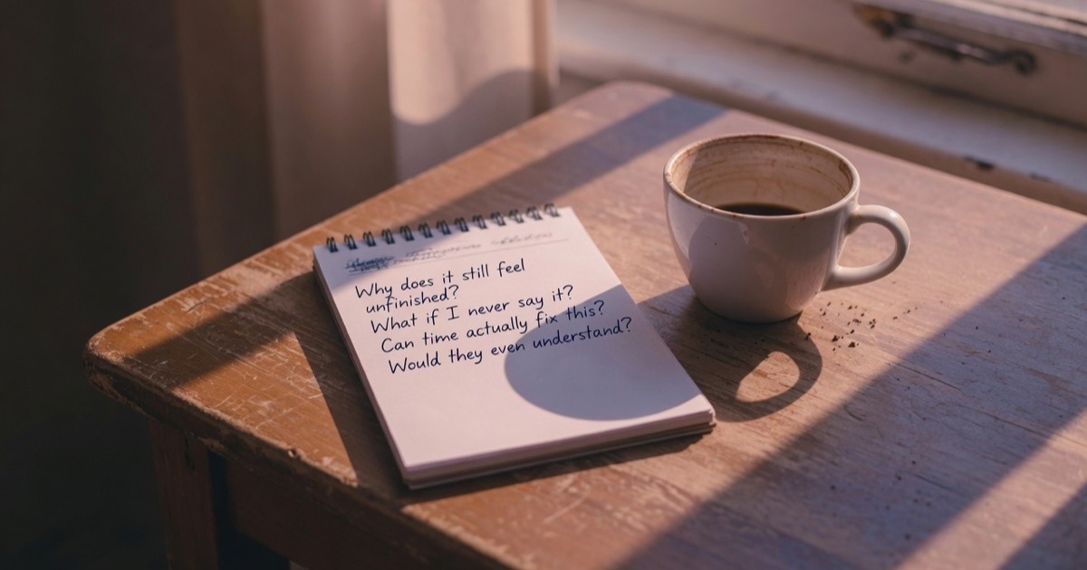 Ein handbeschriebener Notizzettel mit Fragen liegt neben einer halbleeren Kaffeetasse auf einem Holztisch, das Licht der Abendsonne fällt schräg durchs Fenster.