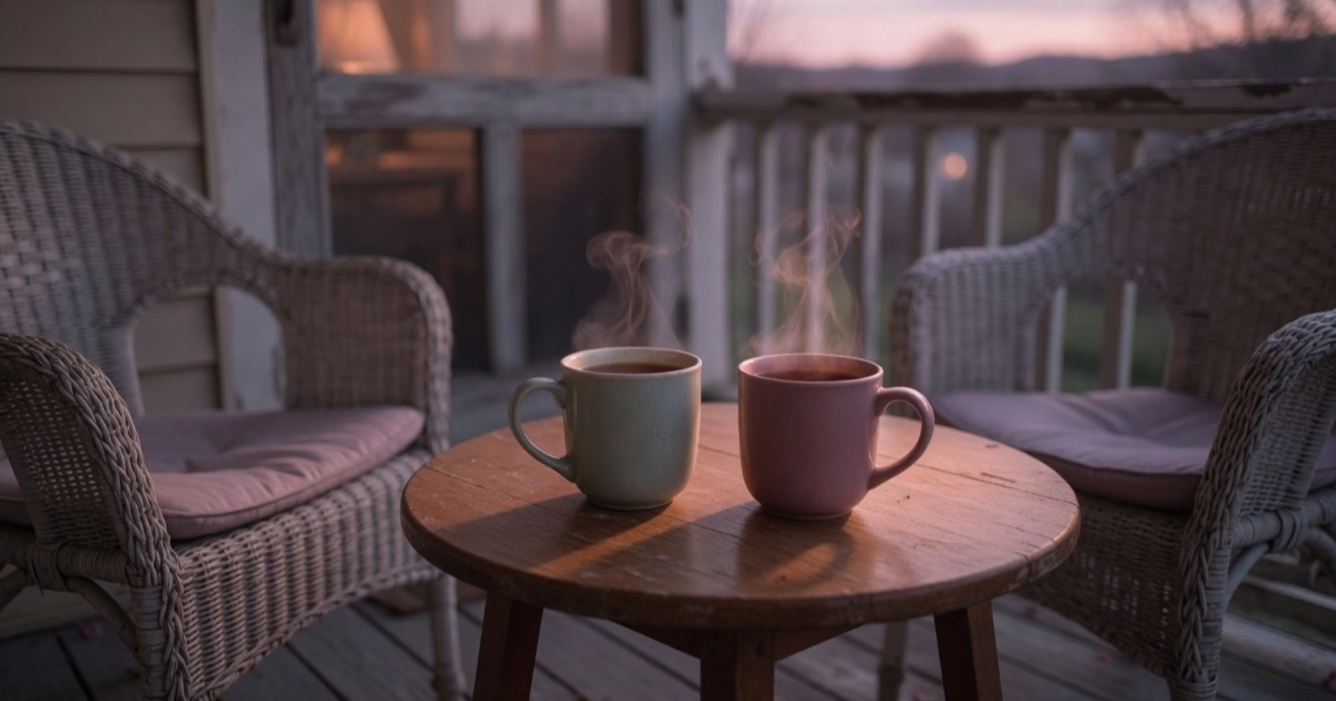 Two mugs of tea steaming on a small round table between two empty chairs at dusk.