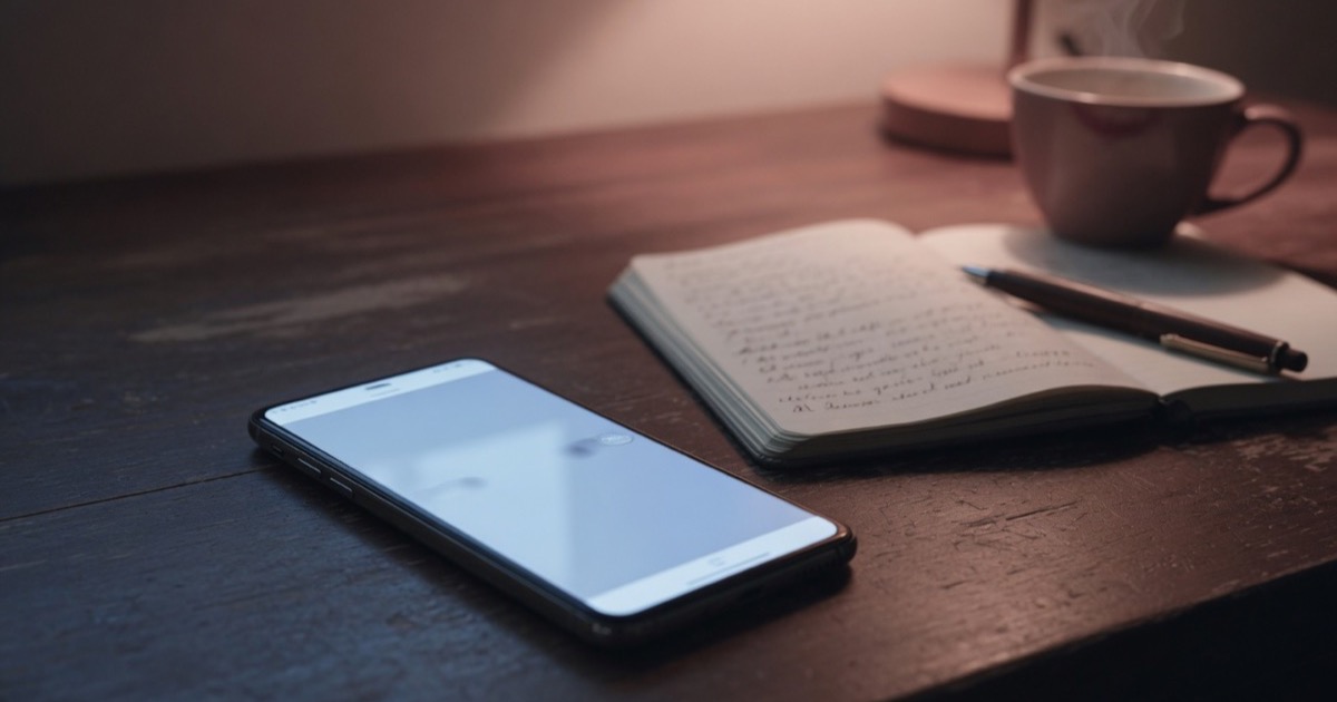 A phone screen glowing in a dark room, an empty message box open with the cursor blinking.