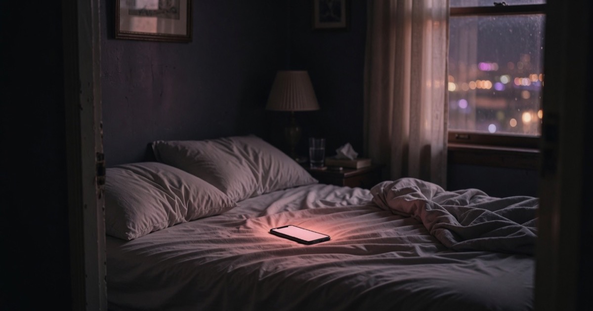 Um quarto escuro de madrugada, com um celular sobre os lençóis jogando uma luz rosada.