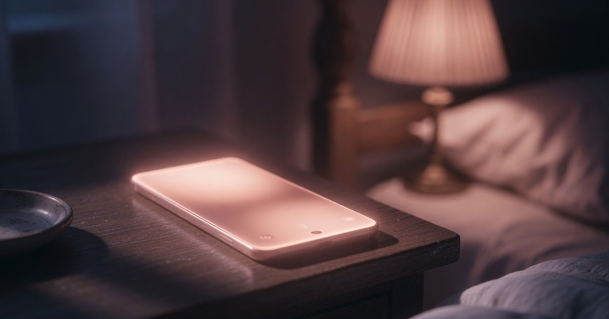 Una pantalla de celular encendida sobre una mesa de noche, en un cuarto oscuro, con la luz tenue de una lámpara al fondo.