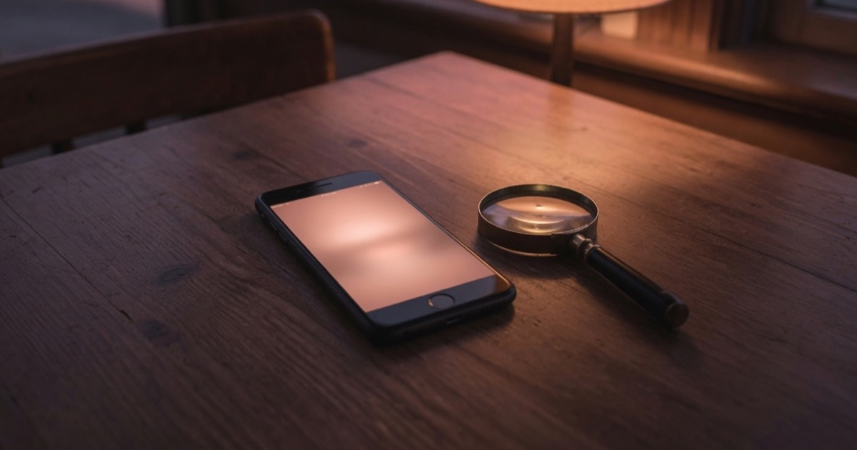 Un smartphone allumé posé sur une table en bois sombre, à côté d'une loupe, dans la pénombre du soir.
