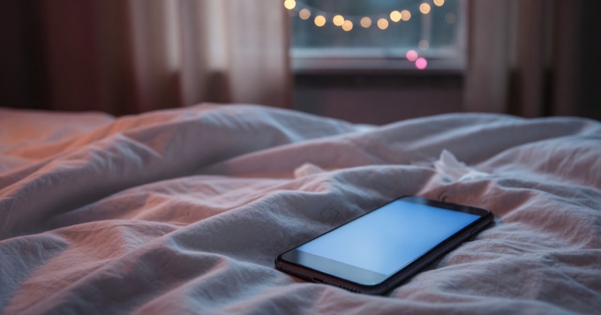 Um celular pousado sobre a cama com a tela acesa mostrando uma mensagem pela metade, luz noturna azulada entrando pela janela.