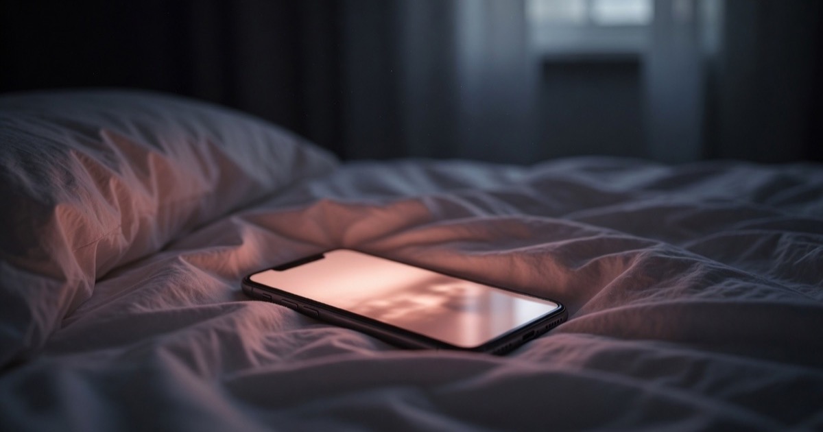 A smartphone lying face up on a rumpled bed at night, its screen glowing warm light across the sheets while the rest of the room stays dark.