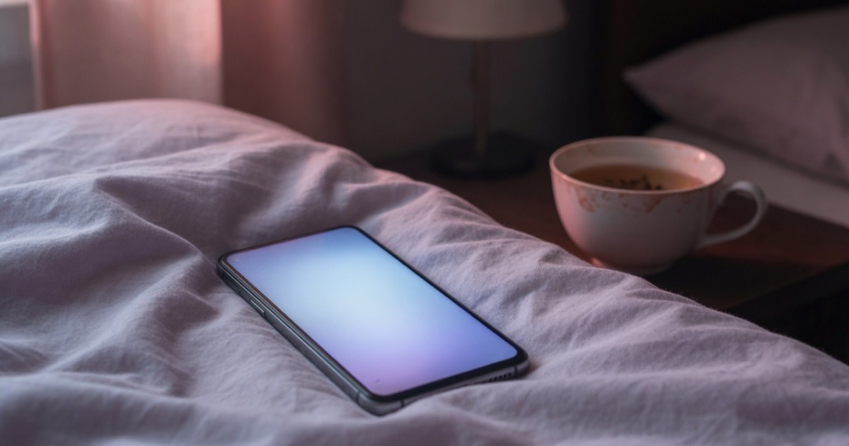 Ein Smartphone liegt nachts auf einem zerknüllten Bettlaken, der Bildschirm wirft kühles Licht in einen dunklen, unscharfen Raum im Hintergrund.